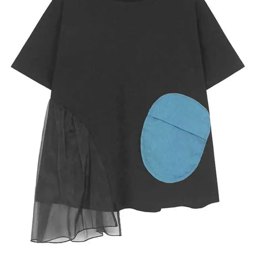 Load image into Gallery viewer, Women Black Mesh Ruffles Color-block Big Size T-shirt New Round Neck Short Sleeve Fashion Tide Spring Summer 2025 1DJ0091
