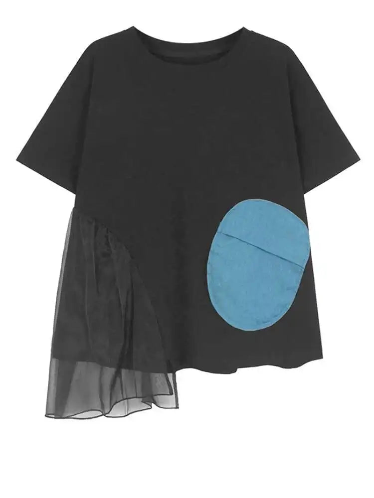 Women Black Mesh Ruffles Color-block Big Size T-shirt New Round Neck Short Sleeve Fashion Tide Spring Summer 2025 1DJ0091