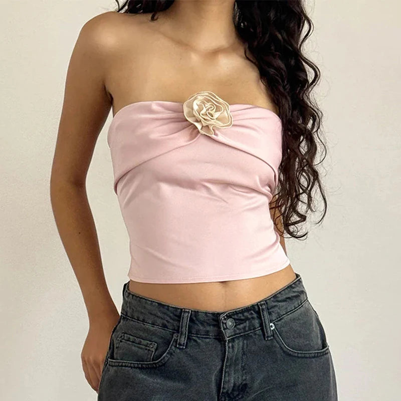 Fashion Chic Flower Pink Strapless Tube Top Zipper Sweet Coquette Summer Crop Tops Female Elegant Mini Party Clothing