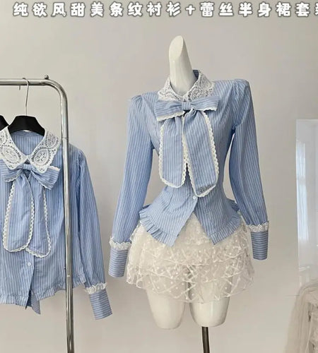 Autumn Women 2 Piece Set Fashion Blue Striped Lace Long Sleeve Lapel Single Breasted Shirt Top And High Waist Pleated Mini Skirt