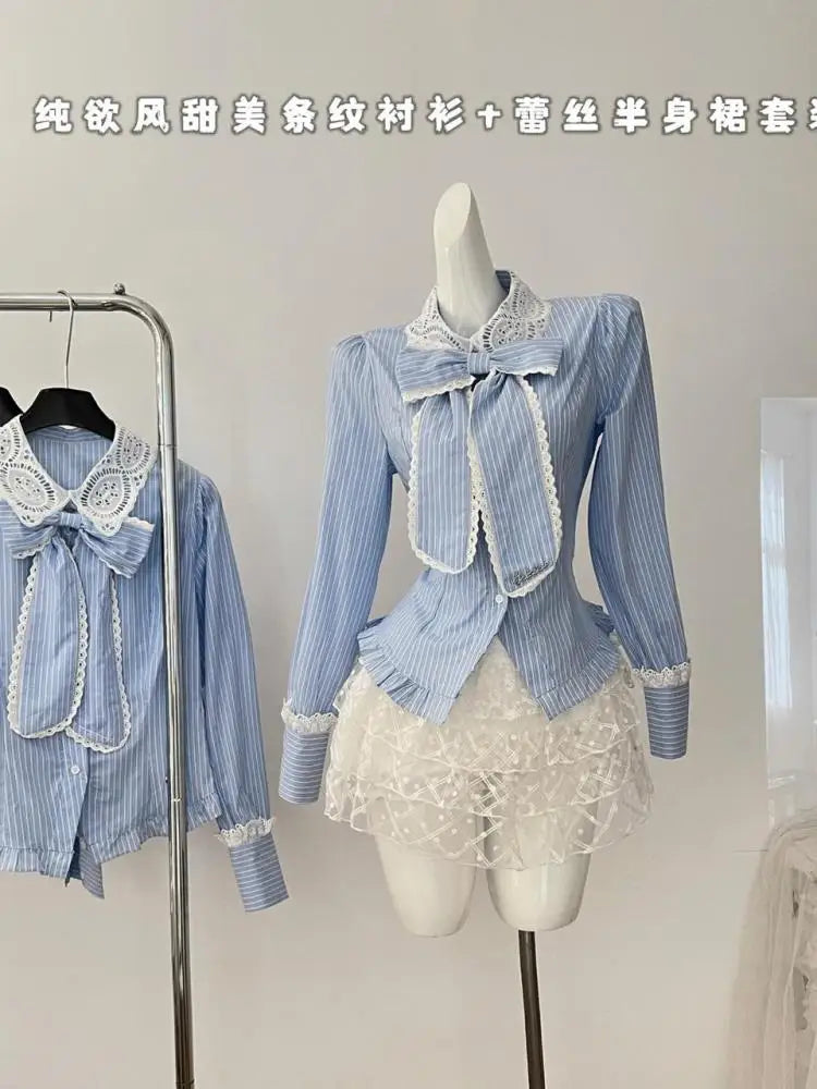 Autumn Women 2 Piece Set Fashion Blue Striped Lace Long Sleeve Lapel Single Breasted Shirt Top And High Waist Pleated Mini Skirt