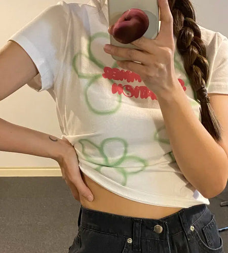 Floral Woman Tshirts Slim Fit White Summer Tees O-neck Short Sleeve Casual Korean Fashion T-shirts Crop Tops 2023 Ropa Mujer