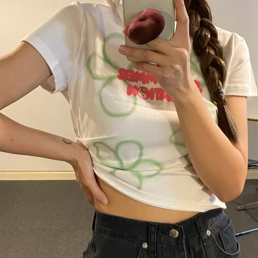 Floral Woman Tshirts Slim Fit White Summer Tees O-neck Short Sleeve Casual Korean Fashion T-shirts Crop Tops 2023 Ropa Mujer