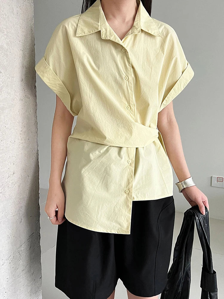 Women Purple Pleated Bandage Elegant Big Size Blouse New Lapel Short Sleeve Shirt Fashion Tide Spring Summer 2025 1DJ1362