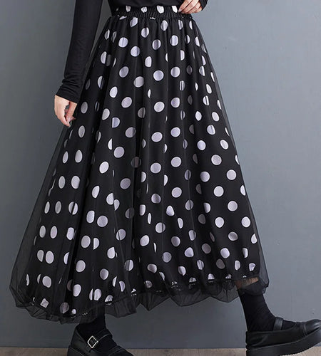 High Elastic Waist Black Dot Printed Mesh Spliced A-line Half-body Skirt Women Fashion Tide New Spring Autumn 2025 1DJ0329