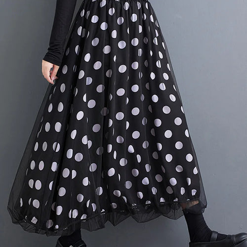 Load image into Gallery viewer, High Elastic Waist Black Dot Printed Mesh Spliced A-line Half-body Skirt Women Fashion Tide New Spring Autumn 2025 1DJ0329

