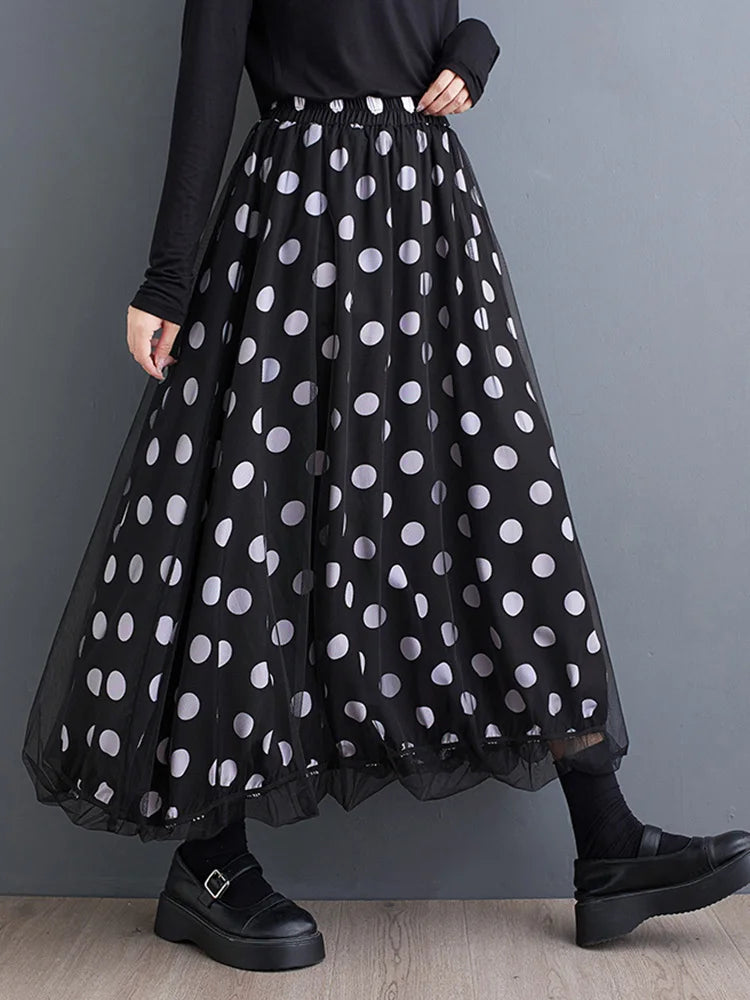 High Elastic Waist Black Dot Printed Mesh Spliced A-line Half-body Skirt Women Fashion Tide New Spring Autumn 2025 1DJ0329