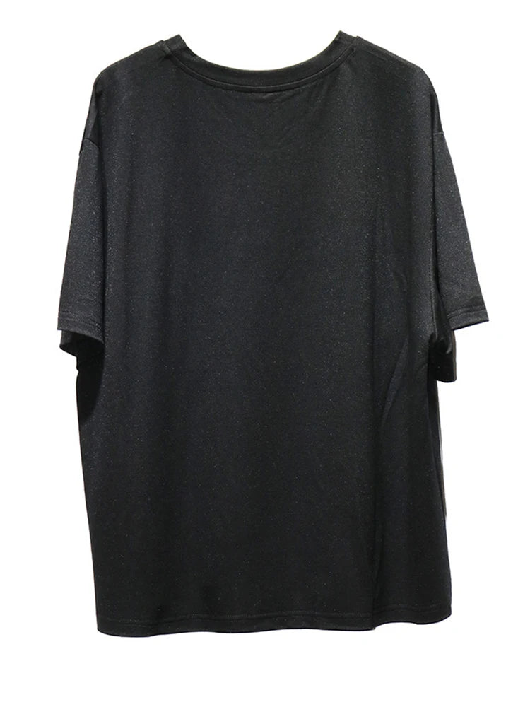 Women Whiite Pattern Printed Big Size Casual T-shirt New Round Neck Short Sleeve Fashion Tide Spring Summer 2025 1DJ0215