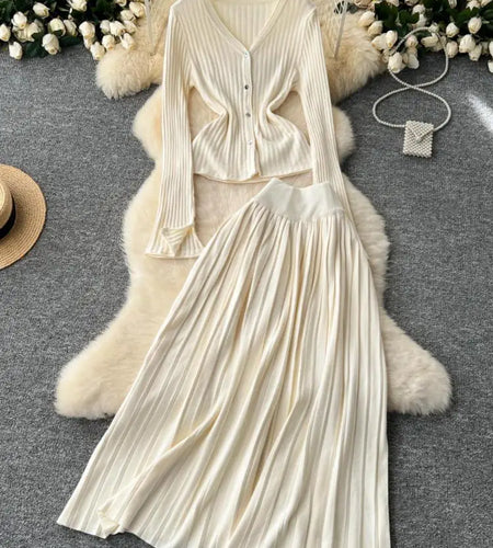 Women Two Piece Set Autumn Winter Vintage Solid Elegant Long Sleeves Single Breasted Tops And High Waist Pleated Skirt Suit Chic