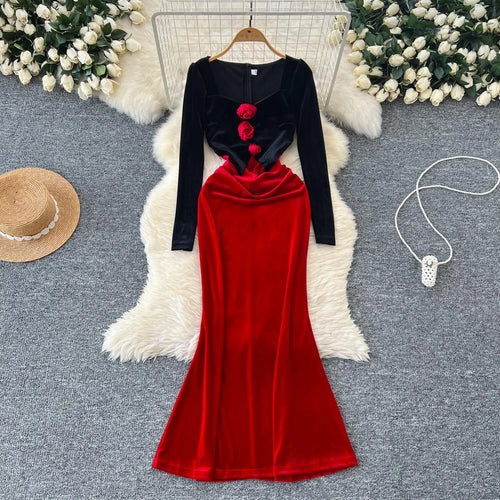 Load image into Gallery viewer, Retro 2024 Autumn Winter Women's Black Red Velvet Patchwork Slim Evening Party Dresses French Elegant Long Sleeved Pleated Dress
