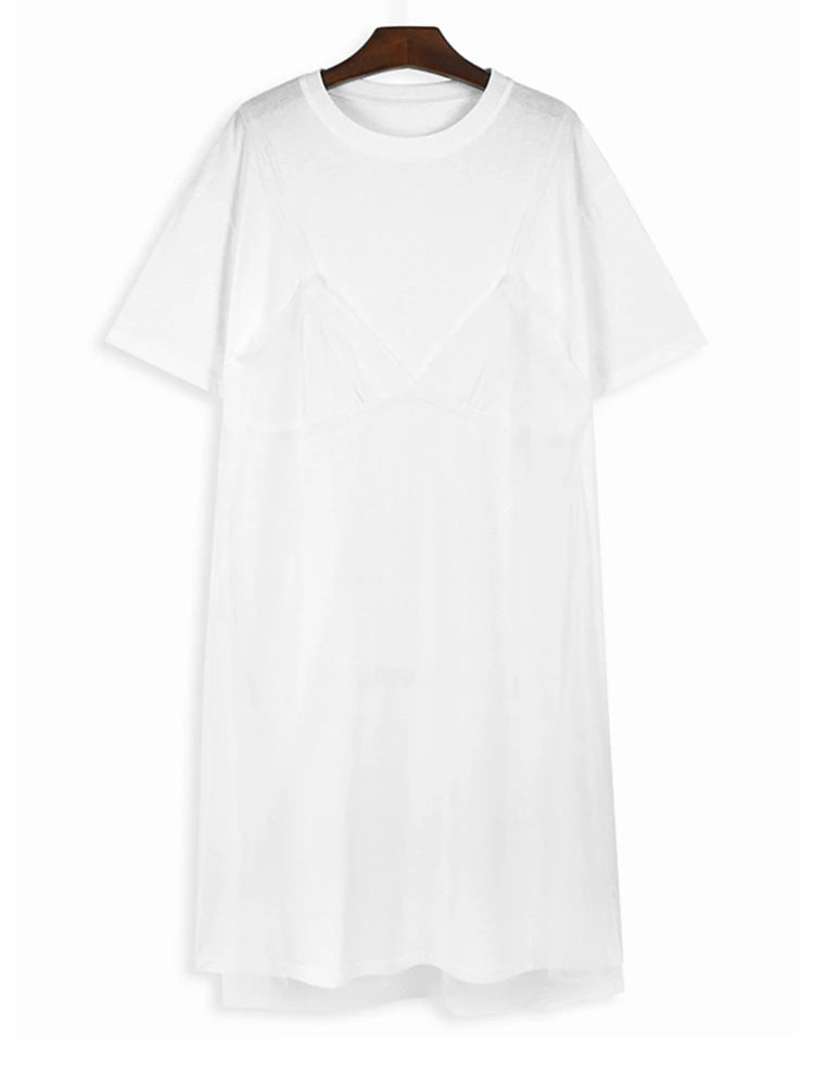 Women Gray Mesh Spliced Big Size Casual Midi Dress New Round Neck Short Sleeve Fashion Tide Spring Summer 2025 1DH9817