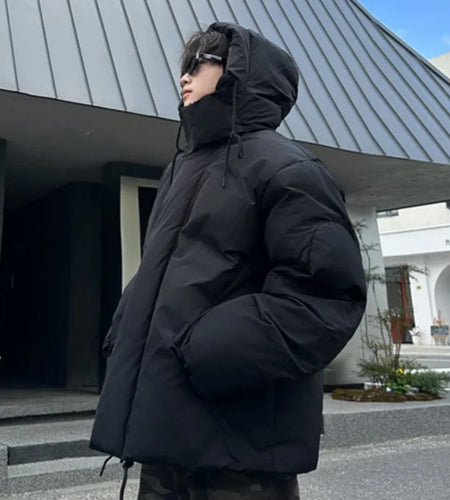 Cotton Padded Jacket Men's Korean Style Trendy Winter Warm Hooded Versatile New Trendy Solid Color Jackets Black 9C9254