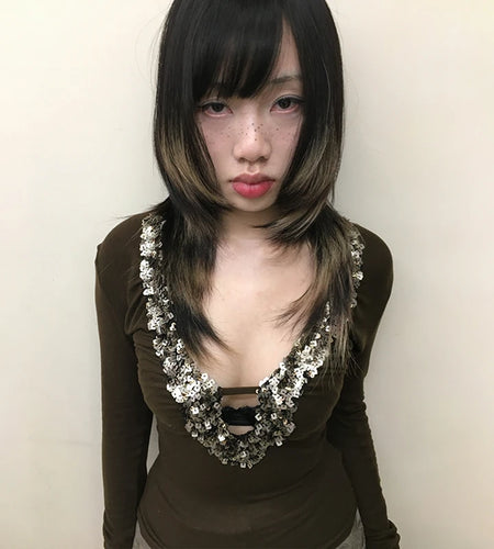 Japanese Y2k V-neck Sequin Tops Trashy 2000s Style Sxey Long Sleeve T-shirt Vintage Harajuku Slim Tops American Retro