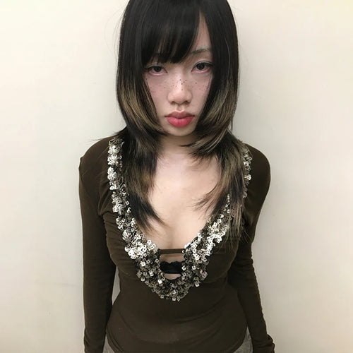 Load image into Gallery viewer, Japanese Y2k V-neck Sequin Tops Trashy 2000s Style Sxey Long Sleeve T-shirt Vintage Harajuku Slim Tops American Retro
