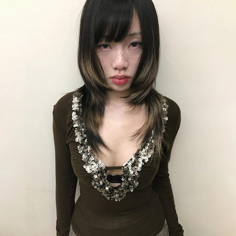 Japanese Y2k V-neck Sequin Tops Trashy 2000s Style Sxey Long Sleeve T-shirt Vintage Harajuku Slim Tops American Retro