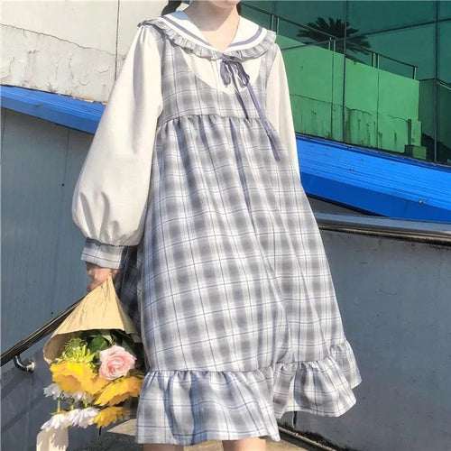 Load image into Gallery viewer, Japanese Sweet Kawaii Lolita Dress Women Preppy Style Ruffles Plaid Cute Dresses School Student Spring Robes Female
