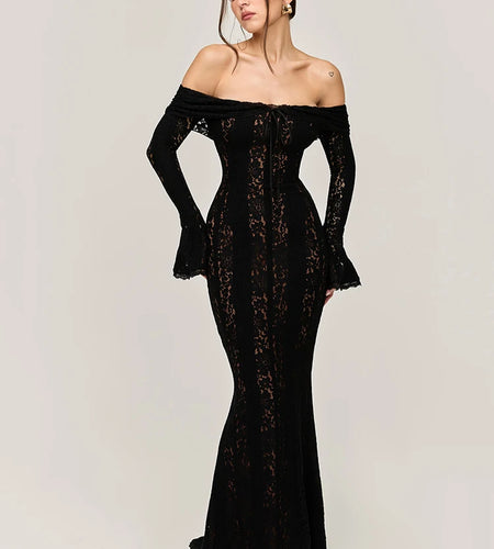 Lace Off-shoulder Sexy Maxi Dress Women Strapless Backless Long Sleeve Bodycon Evening Club Party Long Dress Elegant