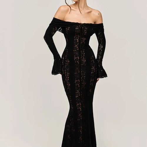 Load image into Gallery viewer, Lace Off-shoulder Sexy Maxi Dress Women Strapless Backless Long Sleeve Bodycon Evening Club Party Long Dress Elegant
