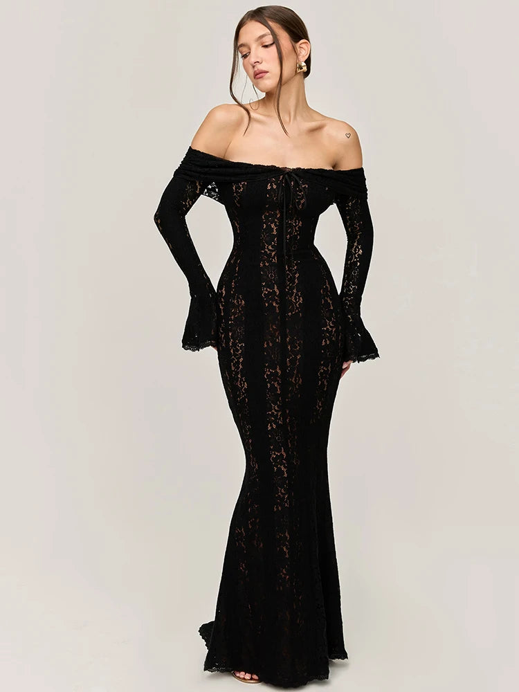 Lace Off-shoulder Sexy Maxi Dress Women Strapless Backless Long Sleeve Bodycon Evening Club Party Long Dress Elegant