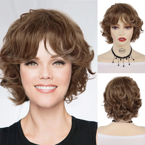 Load image into Gallery viewer, Synthetic Hair Curly Short Wigs for Women Brown Wig with Bangs Natural Hairstyles Mommy Wig Short Fluffy Wigs for Christmas Gift
