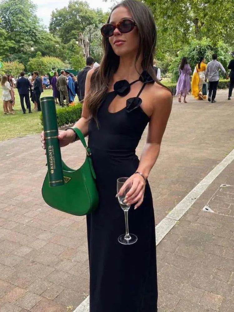 Elegant Sleeveless Irregular Bodycon Women Evening Dress 2024 Fall New Flower Ornament Shoulder Vestido Sexy Long Dress