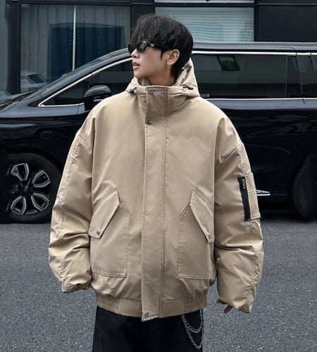 Winter Men's Padded Jackets Hooded Drawstring Solid Color Zipper Patchwork Casual Thickened Male Cotton Coats Tide 9C9288