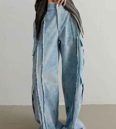 Patchwork Pockets Denim Pants For Women High Waist Loose Casual Hit Color Streetwear Wide Leg Jeans Female Fashion