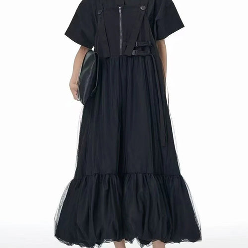 Load image into Gallery viewer, Women Green Mesh Spliced Big Size Bud Strap Dress New Square Collar Sleeveless Fashion Tide Spring Autumn 2025 1DJ1322
