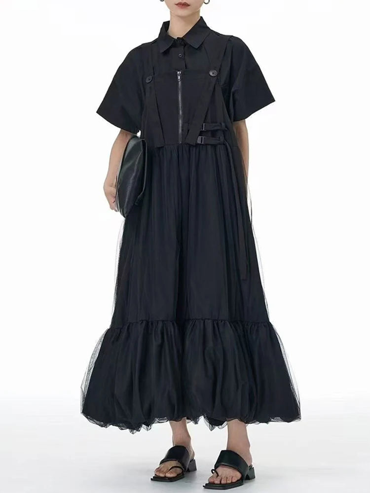 Women Green Mesh Spliced Big Size Bud Strap Dress New Square Collar Sleeveless Fashion Tide Spring Autumn 2025 1DJ1322