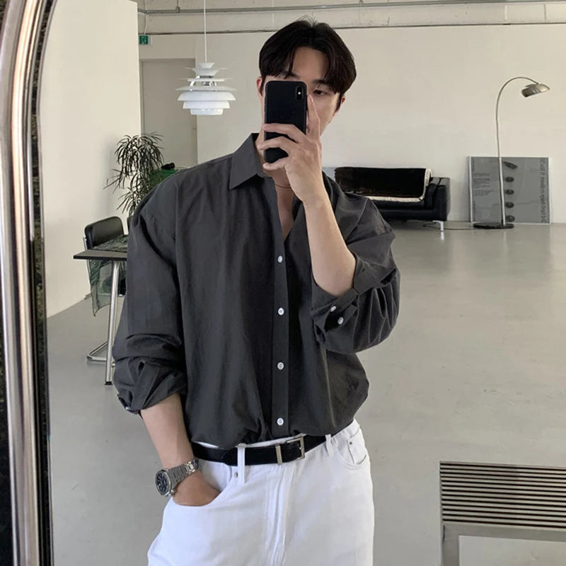 Men's Shirts Long Sleeve New Korean Simple Niche Design Solid Color Single Breasted Spring Male Causal Clothing 9W1982