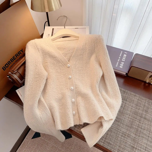 Load image into Gallery viewer, Autumn Winter Solid Elegant V Neck Single Breasted Ruffles Short Sweater Women's French 2024 New Long Sleeved Slim Knitted Tops
