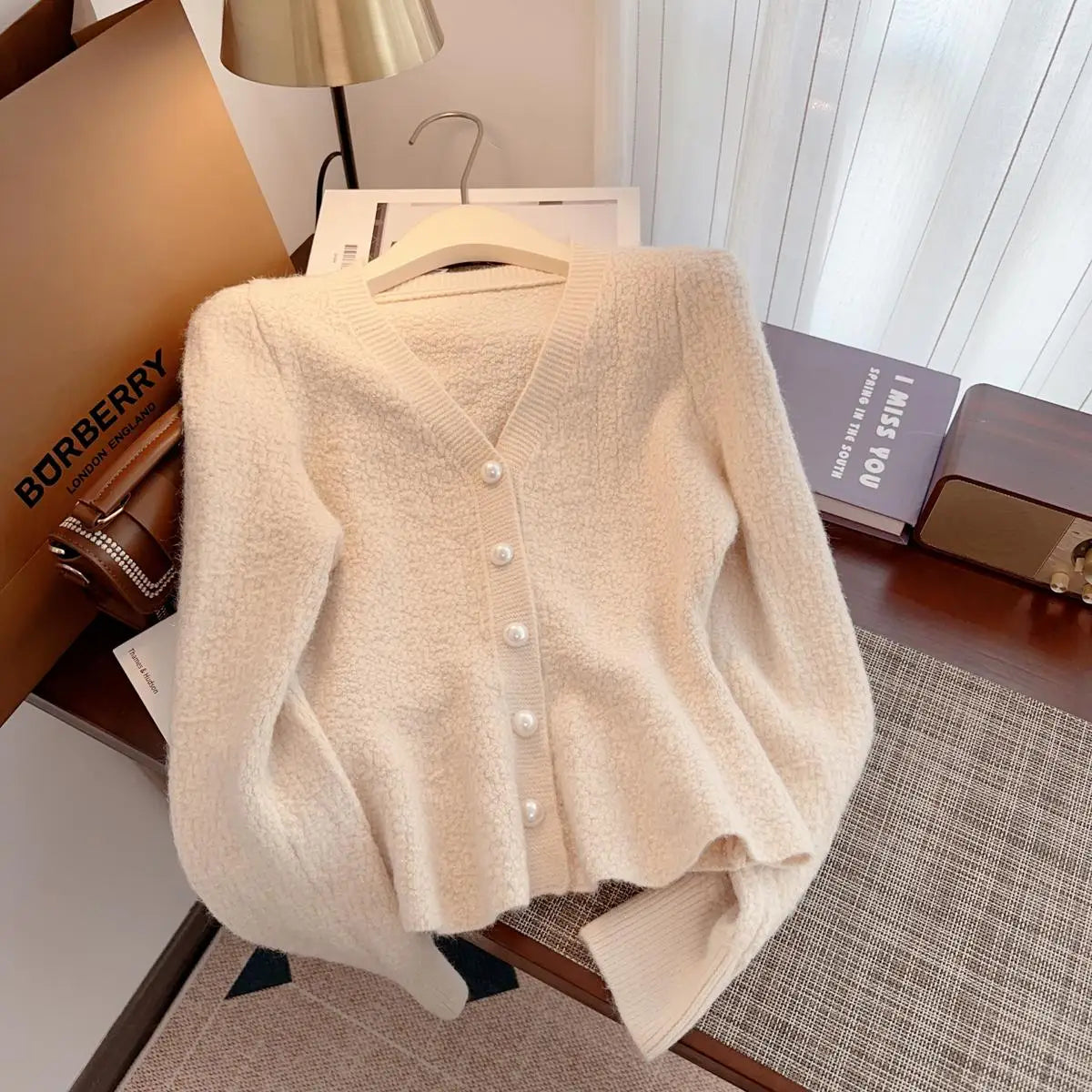 Autumn Winter Solid Elegant V Neck Single Breasted Ruffles Short Sweater Women's French 2024 New Long Sleeved Slim Knitted Tops