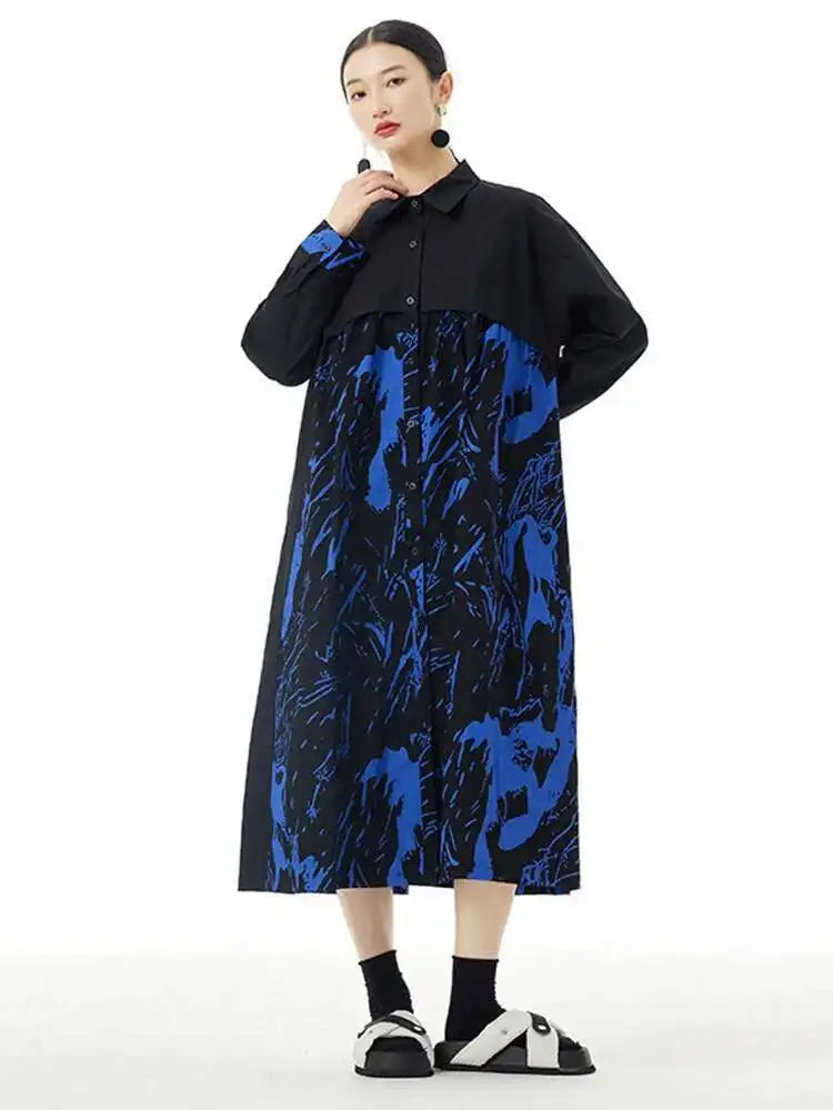 Women White Pattern Printed Big Size Casual Shirt Dress New Lapel Long Sleeve Fashion Tide Spring Autumn 2025 1DH4823