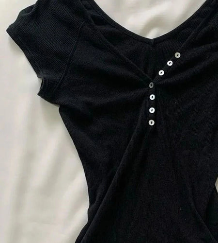 Y2k Aesthetic Fashion Button T-shirt Grunge Solid Short Sleeve Tshirts Kpop Streetwer Chic Designer Clothes Sexy Slim Tee Shirt