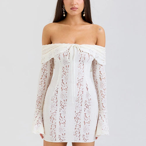 Load image into Gallery viewer, Sexy Lace Patchwork Long Sleeved Tight Mini Skirt Women Bodycon Hollow Lace Up Flared Sleeve Fashion Party Club Dress
