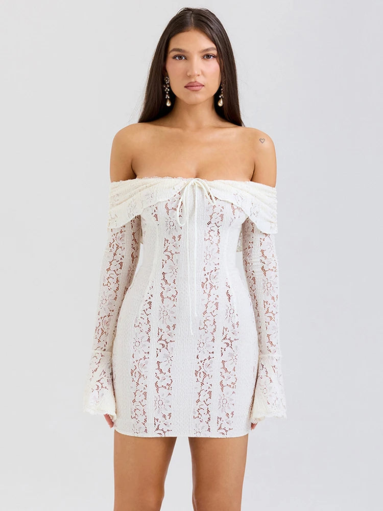 Sexy Lace Patchwork Long Sleeved Tight Mini Skirt Women Bodycon Hollow Lace Up Flared Sleeve Fashion Party Club Dress