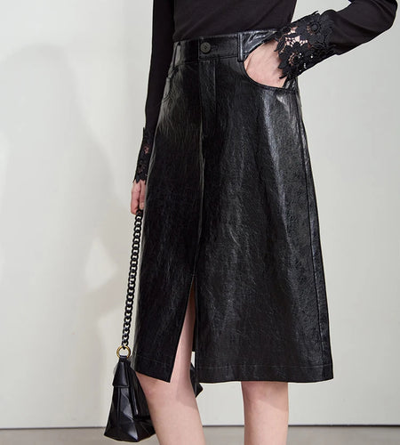 Minimalist PU Leather Skirt For Women 2025 American Retro Knee-Length Skirt Solid Basics Business Women's Clothing 12553014