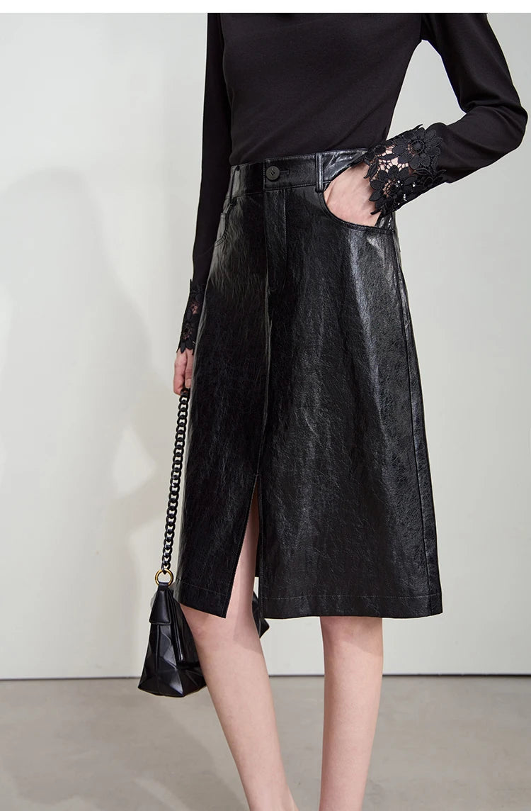 Minimalist PU Leather Skirt For Women 2025 American Retro Knee-Length Skirt Solid Basics Business Women's Clothing 12553014