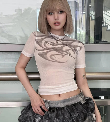 Print See Through t-Shirt Women o-Neck High Elasticity Skinny Sexy Summer Simple Street Classic Versatile Leisure Tops