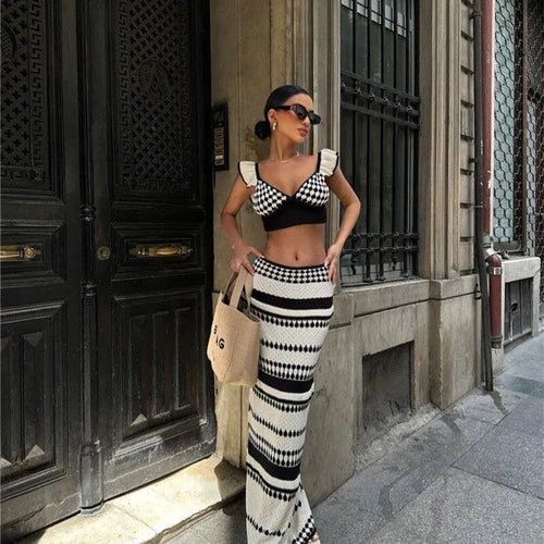 Load image into Gallery viewer, Striped Knit Two Piece Sets Women V Neck Sleeveless Crop Tops And Maxi Skirt Matching Sets Ladies Knit Skirt Sets

