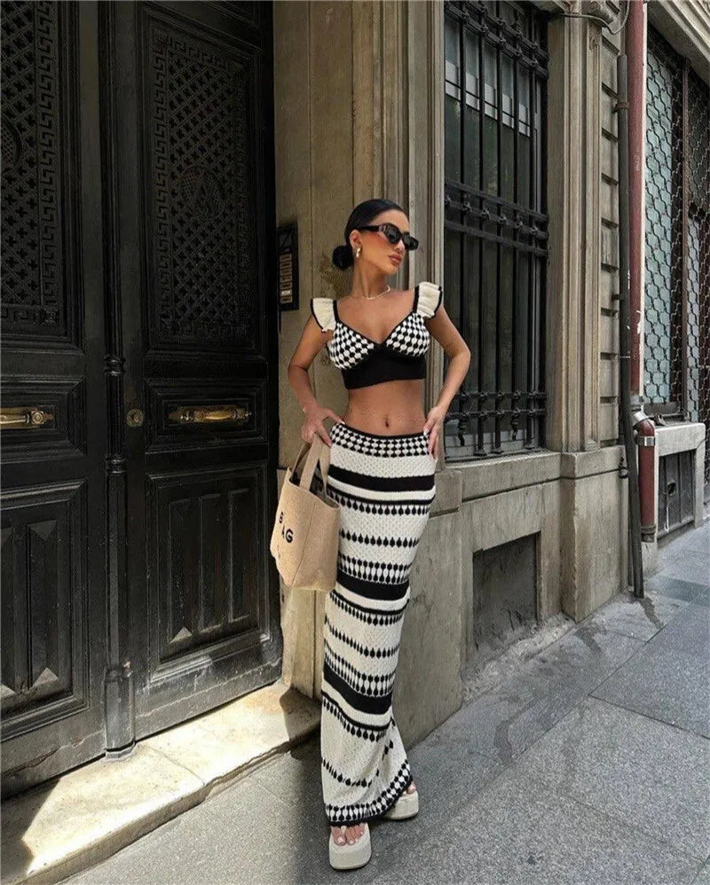 Striped Knit Two Piece Sets Women V Neck Sleeveless Crop Tops And Maxi Skirt Matching Sets Ladies Knit Skirt Sets