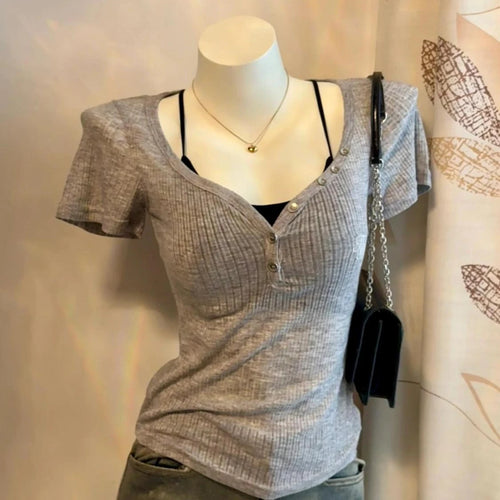 Load image into Gallery viewer, 2025 Summer Two Pieces Set Harajuku Solid Button Bodycon Casual T-shirt + Women Y2k Aesthetic Sexy Grunge Cropped Fairy Tank Top
