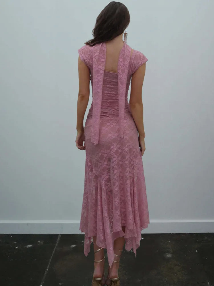 Elegant Sleeveless Lace Patchwork Women Set Perspective Slim Irregular Two Piece Set Elegant Party Club Evening Dress