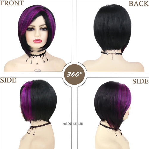 Load image into Gallery viewer, Short Bob Wigs for Women Synthetic Hair Black Mix Purple Wig Costume Party Straight Wigs Pixie Cuts The Bobs Highlights Female
