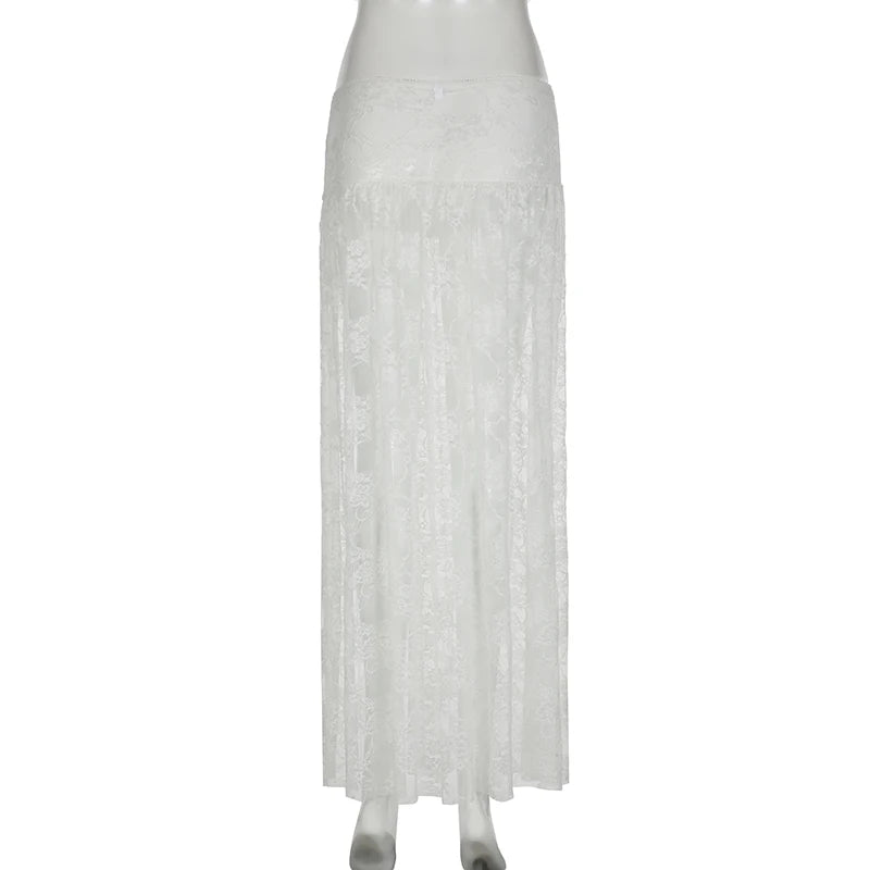 Fashion Sexy White Lace Skirt See Through Outfits Bow Solid Clubwear Loose Y2K Hot Holidays Long Skirt Women Bottoms