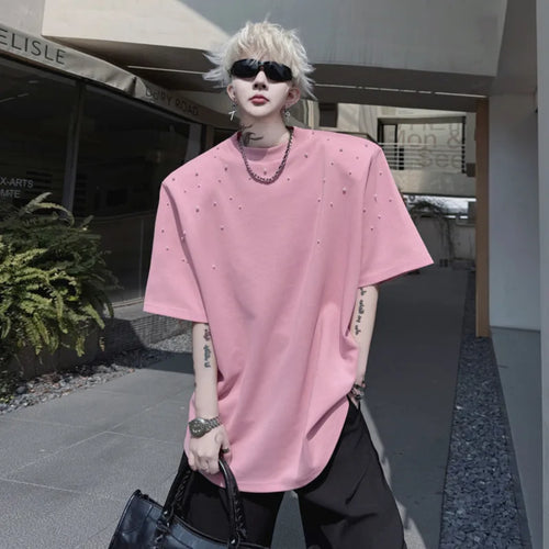 Load image into Gallery viewer, Men's Short Sleeve T-shirts Summer Solid Color Round Neck Handmade Nail Bead Design Pullover Loose Menwear 9W1506

