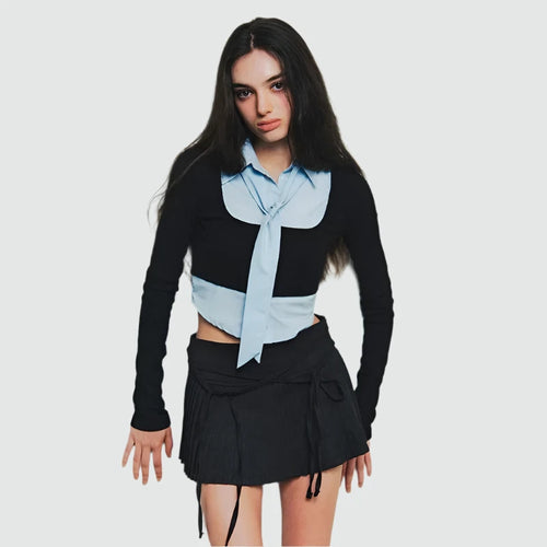 Load image into Gallery viewer, Fake Two-piece Patchwork Fashion Shirts &amp; Blouses Tie Long Sleeve Tops Casual Fall Clothes 2024 Women P85-DH22
