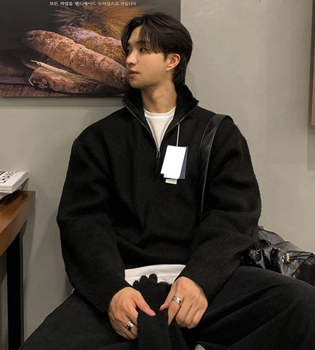 Men's Sweater New Korean Style Simple Trendy Casual Half Zipper Pullover Design Turn-down Collar Stylish Male Top 9W1813