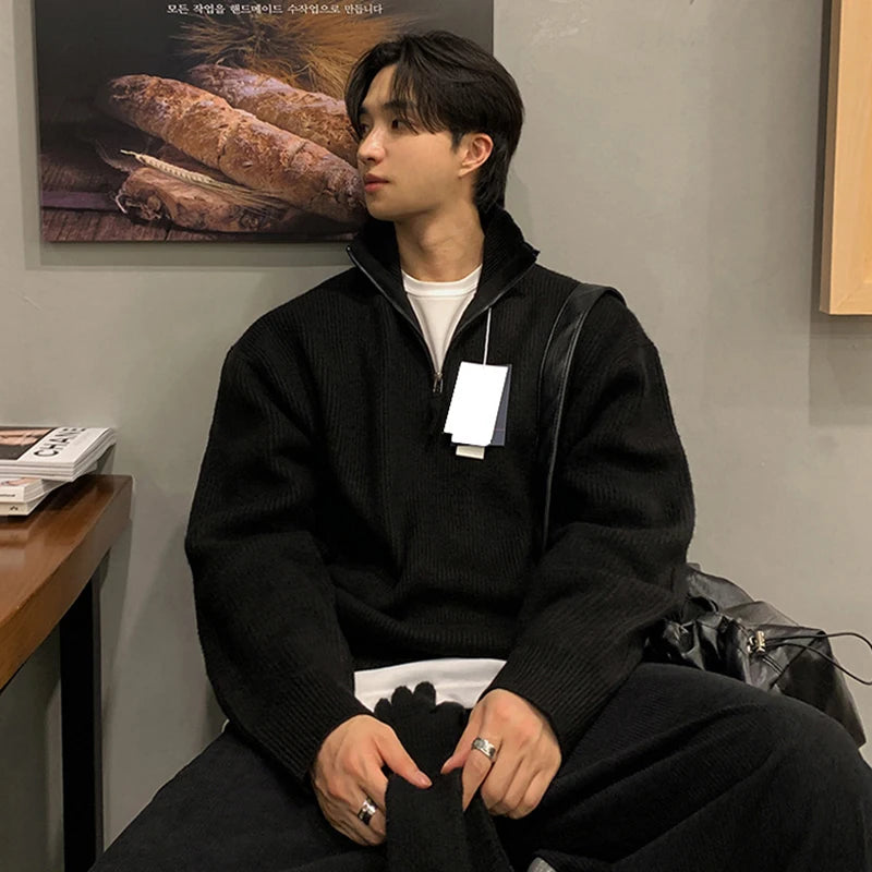 Men's Sweater New Korean Style Simple Trendy Casual Half Zipper Pullover Design Turn-down Collar Stylish Male Top 9W1813