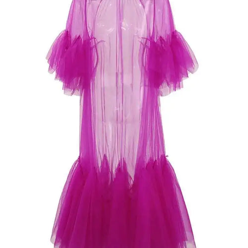 Load image into Gallery viewer, Women Purple Ruffles Mesh Perspective Big Size Long Dress New Round Neck Half Sleeve Fashion Spring Summer 2025 JR7711
